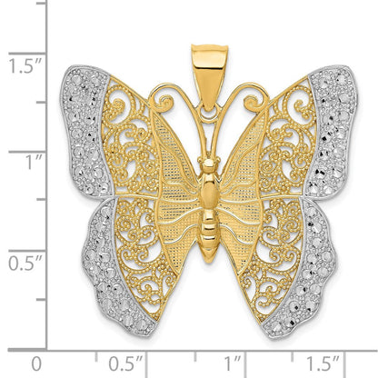 14K Gelbgold & Roségold mit Rhodium, massiv, poliert, diamantgeschliffen, Filigran-Schmetterling-Anhänger
