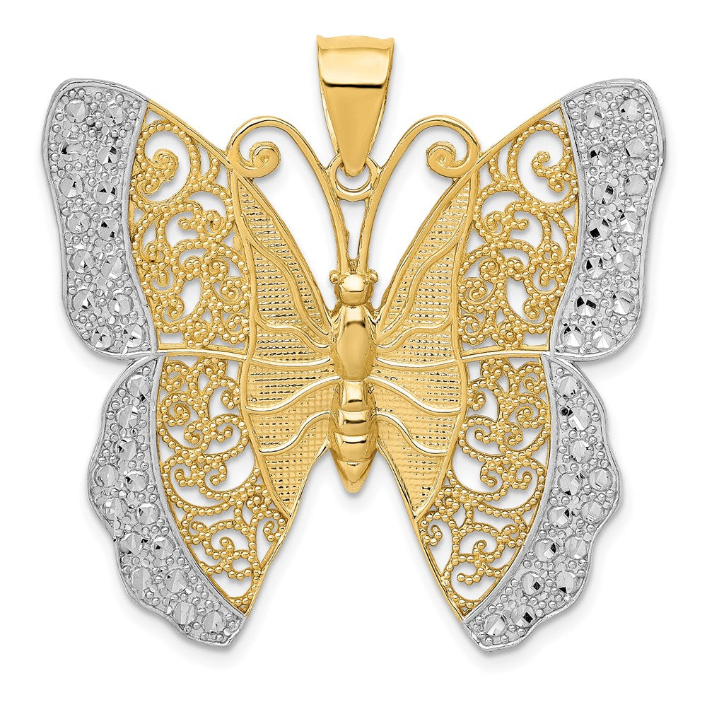 14K Gelbgold & Roségold mit Rhodium, massiv, poliert, diamantgeschliffen, Filigran-Schmetterling-Anhänger