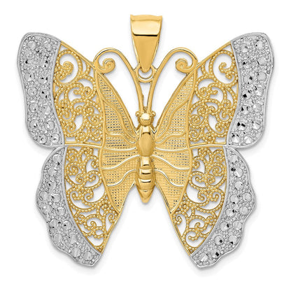 14K Gelbgold & Roségold mit Rhodium, massiv, poliert, diamantgeschliffen, Filigran-Schmetterling-Anhänger