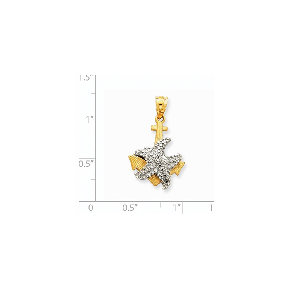 14K Bicolor Gold massiver, polierter, diamantgeschliffener Anker-Anhänger mit Seestern