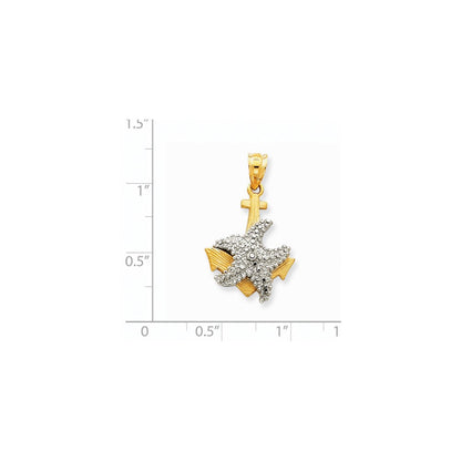 14K Bicolor Gold massiver, polierter, diamantgeschliffener Anker-Anhänger mit Seestern