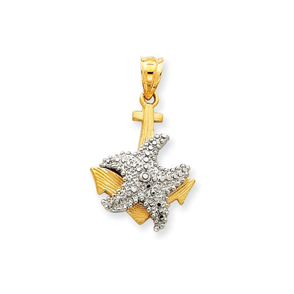 14K Bicolor Gold massiver, polierter, diamantgeschliffener Anker-Anhänger mit Seestern