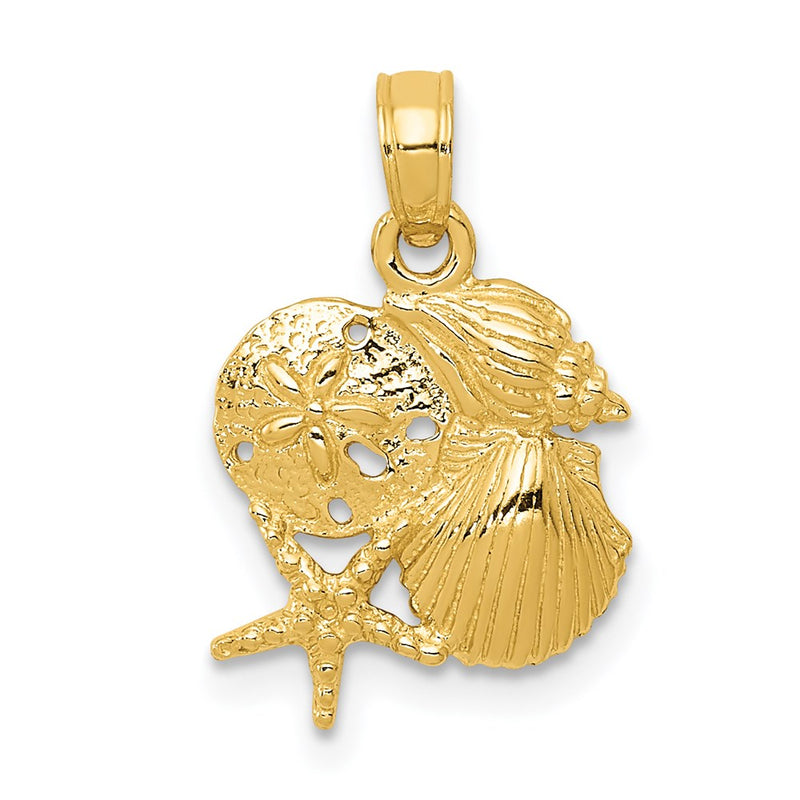 14K Gelbgold Massiv Poliert Mini Muschel Cluster Anhänger