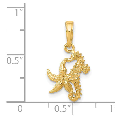 14K Gelbgold Massiv Seepferdchen und Seestern Anhänger