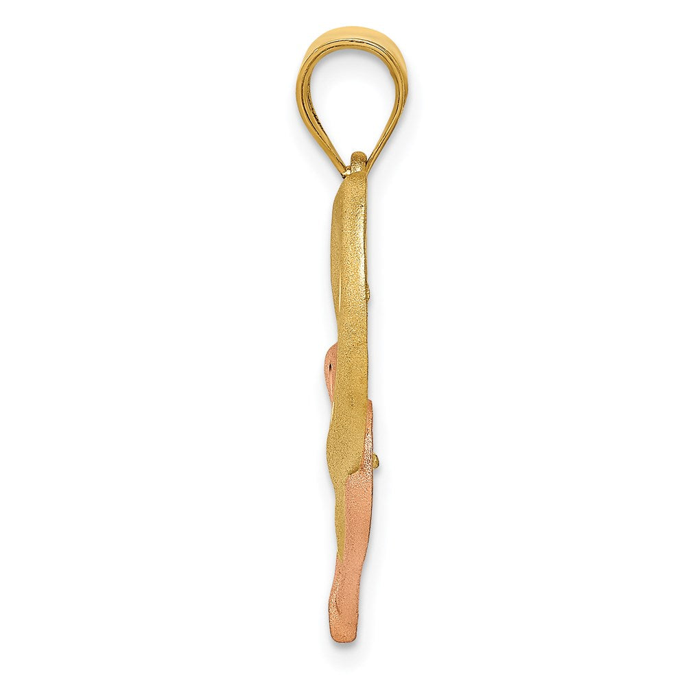 14K Bicolor-Gold Anhänger mit satiniertem Doppelherz, diamantiert