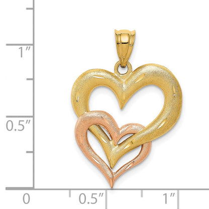 14K Bicolor-Gold Anhänger mit satiniertem Doppelherz, diamantiert