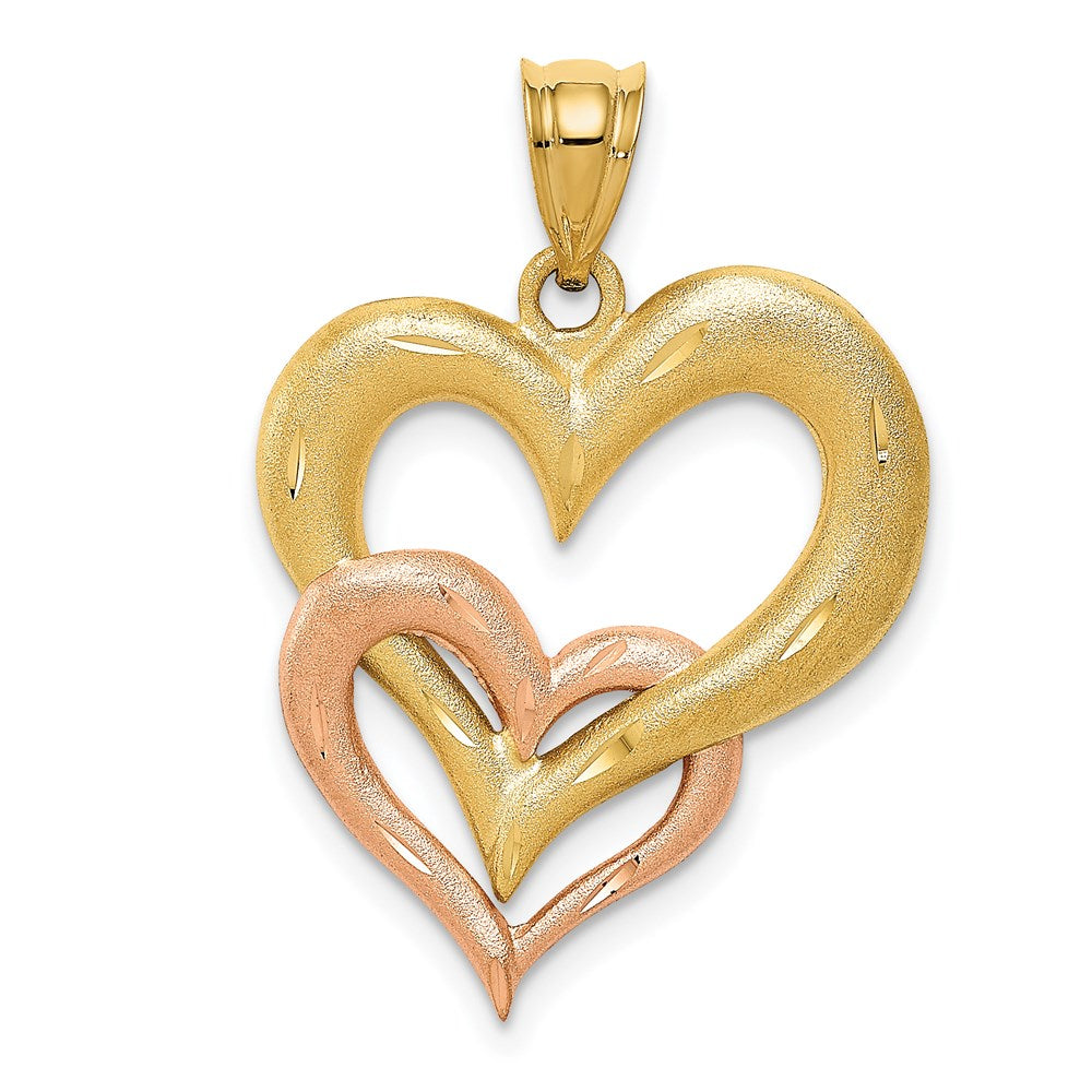 14K Bicolor-Gold Anhänger mit satiniertem Doppelherz, diamantiert