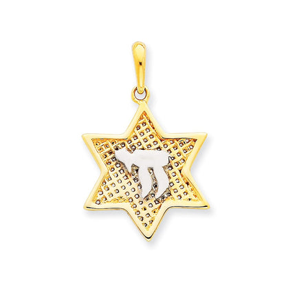 14 Karat Gelb- und Rhodiumgold mit Rhodium-Netz-Davidstern mit Chai-Anhänger
