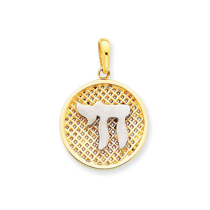 14 Karat Gelb- und Rhodiumgold mit Rhodium-Mesh-Chai-Rundanhänger