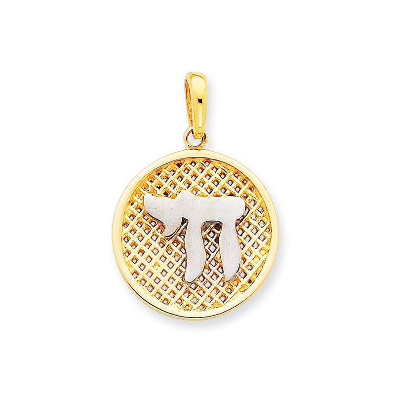 14 Karat Gelb- und Rhodiumgold mit Rhodium-Mesh-Chai-Rundanhänger