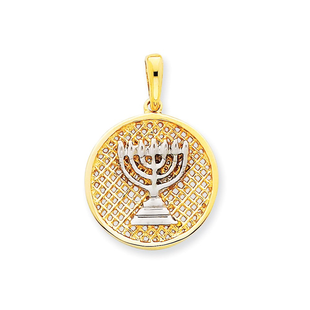 14K Gelb- und Rhodiumgold mit Rhodium-Netz-Menora-Anhänger, rund