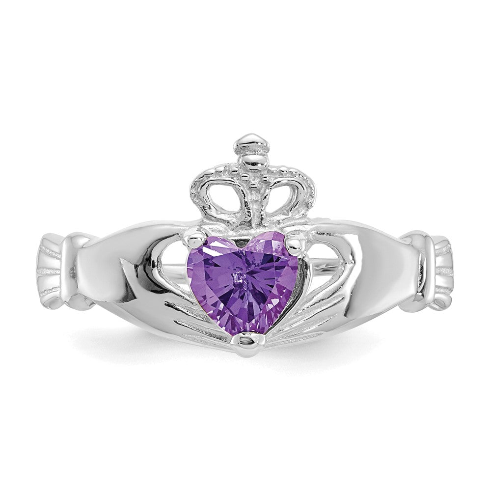 14K Weißgold Zirkonia February Geburtsstein Claddagh Herz Ring
