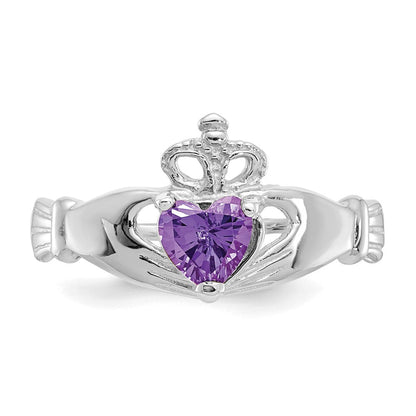 14K Weißgold Zirkonia February Geburtsstein Claddagh Herz Ring