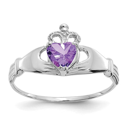 14K Weißgold Zirkonia February Geburtsstein Claddagh Herz Ring