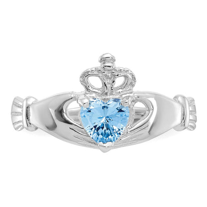14K Weißgold Zirkonia March Geburtsstein Claddagh Herz Ring