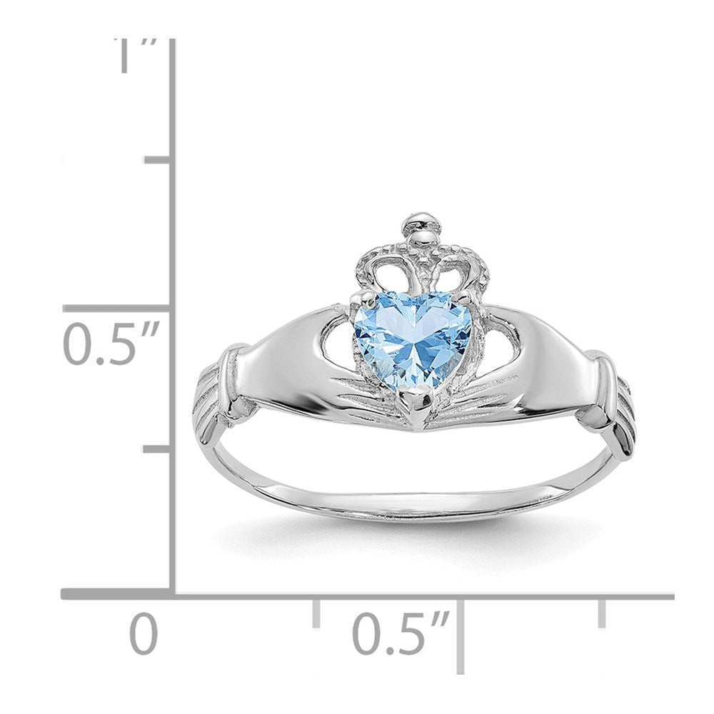 14K Weißgold Zirkonia March Geburtsstein Claddagh Herz Ring