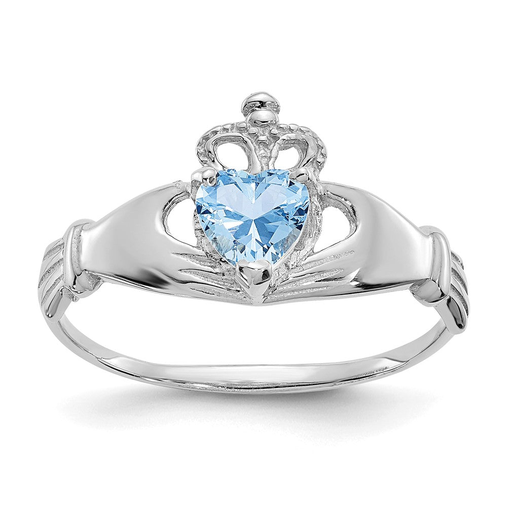 14K Weißgold Zirkonia March Geburtsstein Claddagh Herz Ring