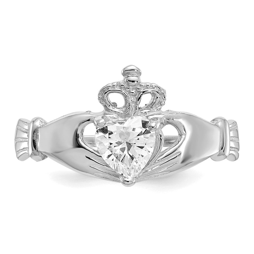 14K Weißgold Zirkonia April Geburtsstein Claddagh Herz Ring