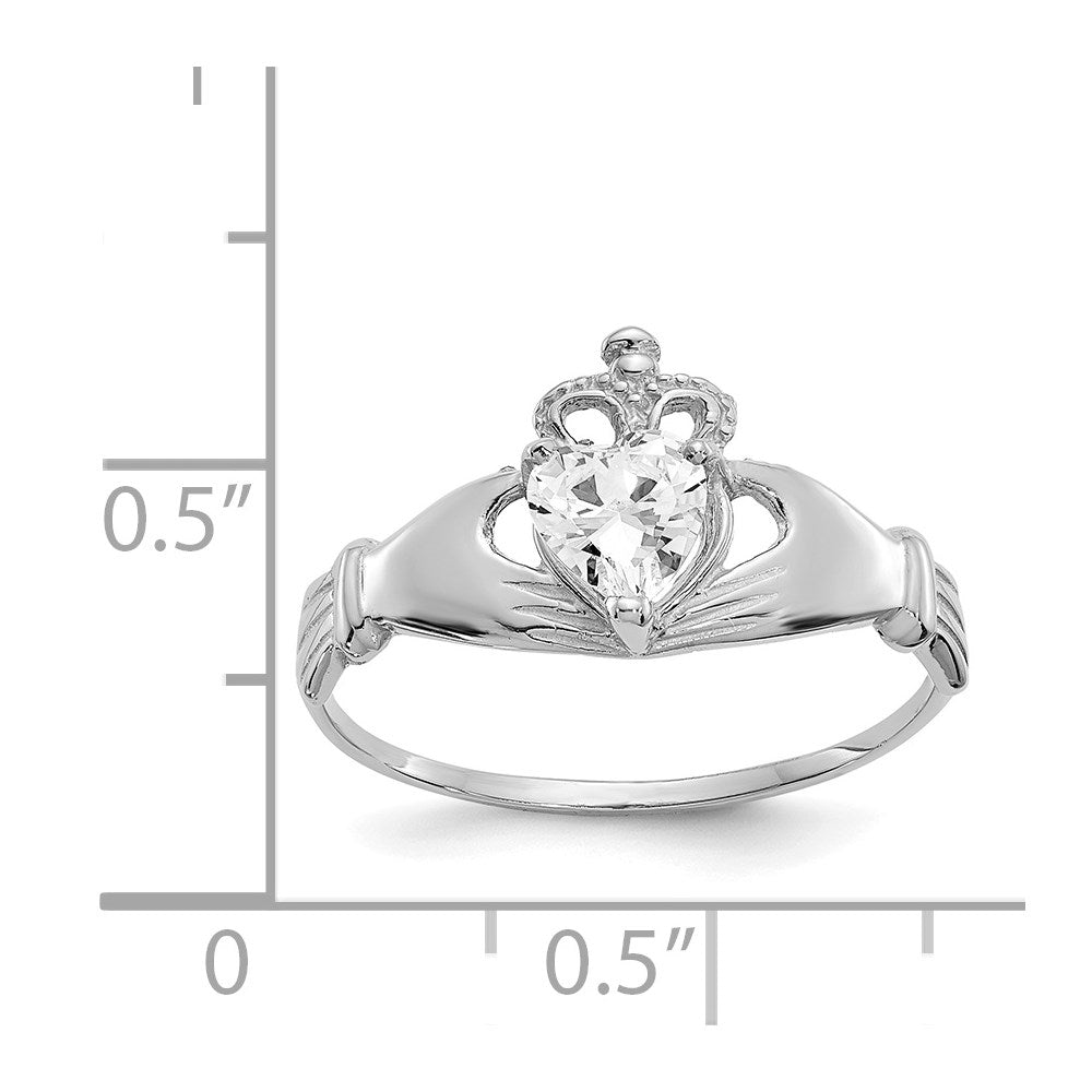 14K Weißgold Zirkonia April Geburtsstein Claddagh Herz Ring