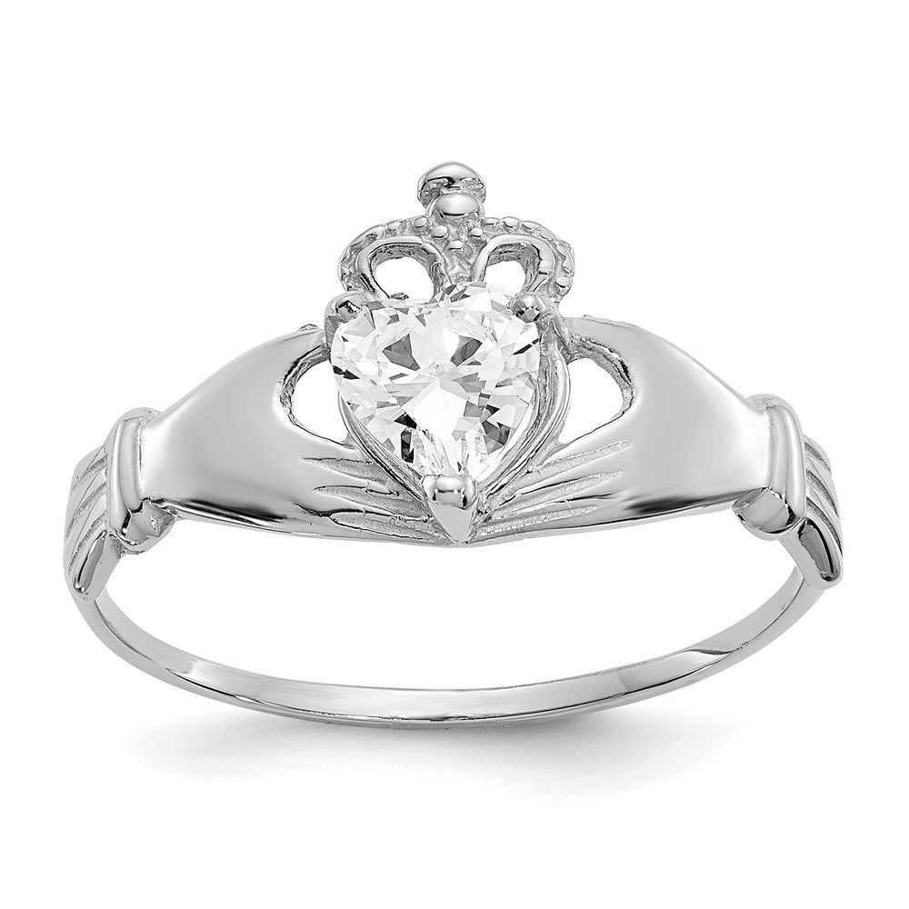 14K Weißgold Zirkonia April Geburtsstein Claddagh Herz Ring