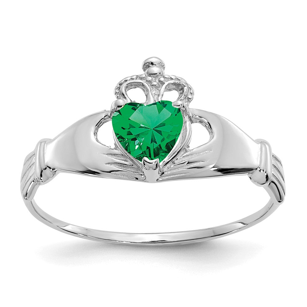 14K Weißgold Zirkonia May Geburtsstein Claddagh Herz Ring