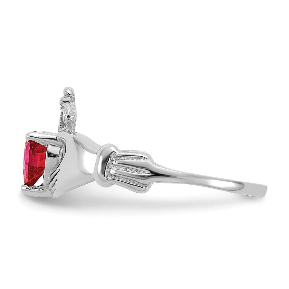 14K Weißgold Zirkonia July Geburtsstein Claddagh Herz Ring