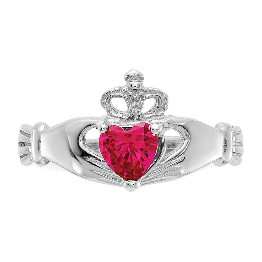 14K Weißgold Zirkonia July Geburtsstein Claddagh Herz Ring