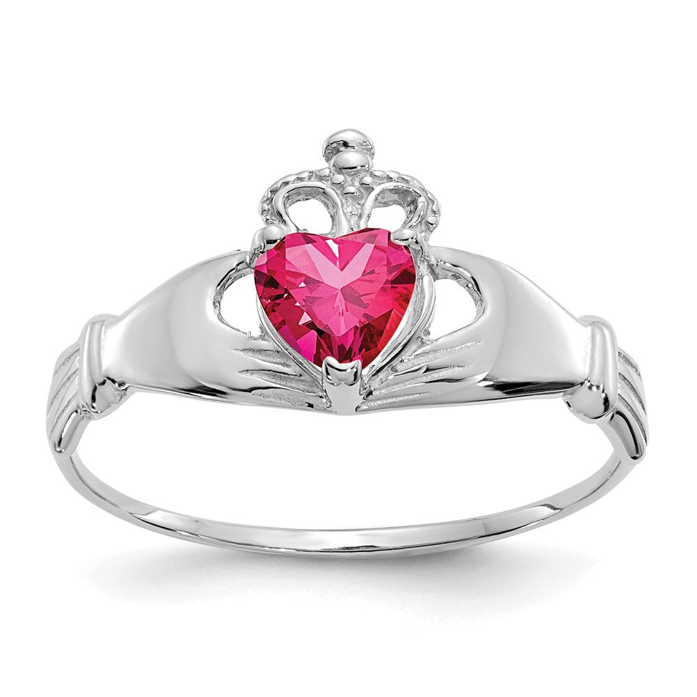 14K Weißgold Zirkonia July Geburtsstein Claddagh Herz Ring
