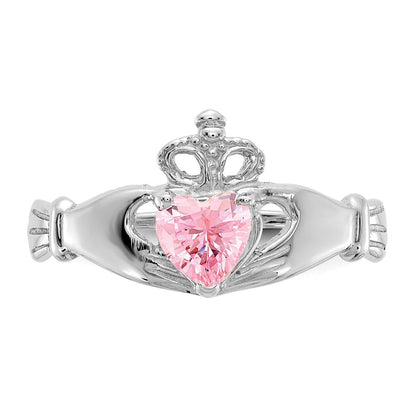 14K Weißgold Zirkonia October Geburtsstein Claddagh Herz Ring