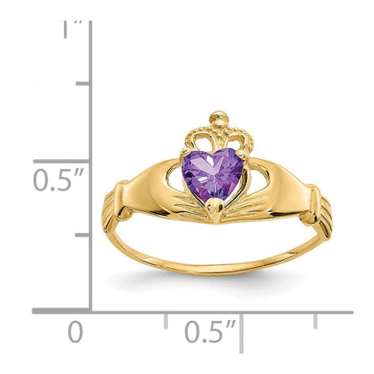 14K Gelbgold Zirkonia February Geburtsstein Claddagh Herz Ring