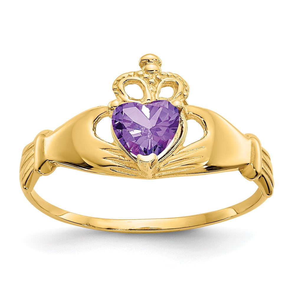14K Gelbgold Zirkonia February Geburtsstein Claddagh Herz Ring