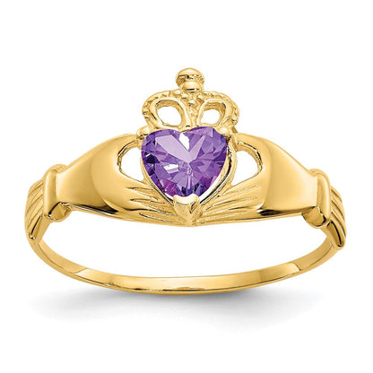 14K Gelbgold Zirkonia February Geburtsstein Claddagh Herz Ring