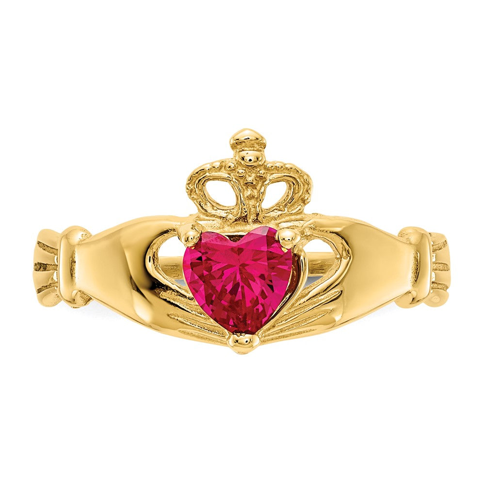 14K Gelbgold Zirkonia July Geburtsstein Claddagh Herz Ring