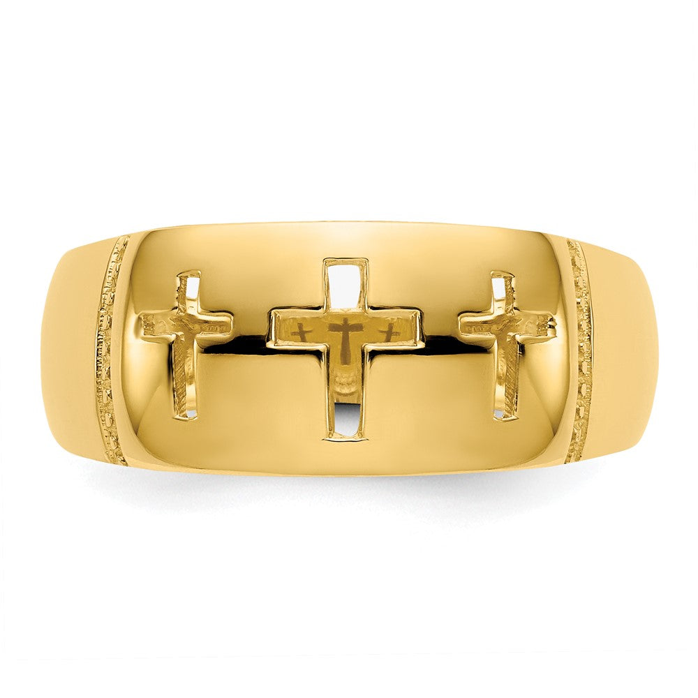 14K Gelbgold polierter Ring mit Rhodium-Ausschnitt und 3 Kreuzen