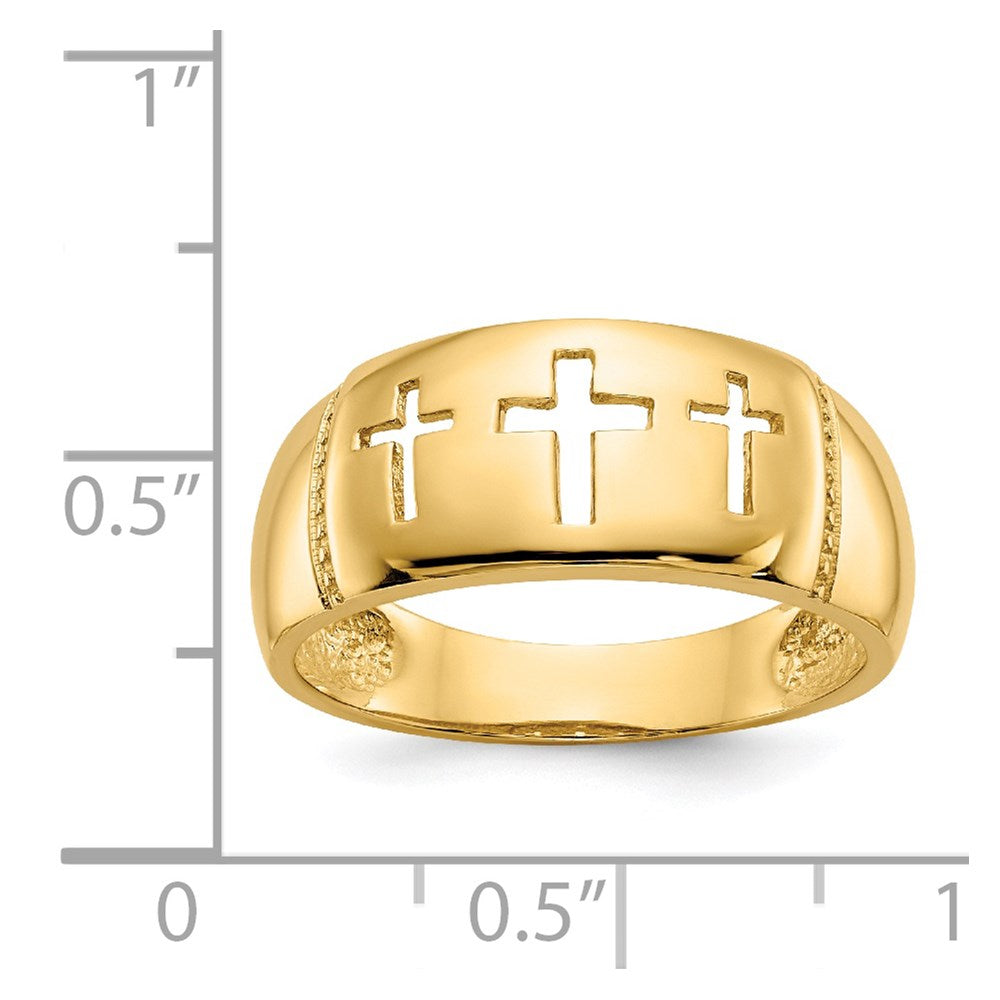 14K Gelbgold polierter Ring mit Rhodium-Ausschnitt und 3 Kreuzen