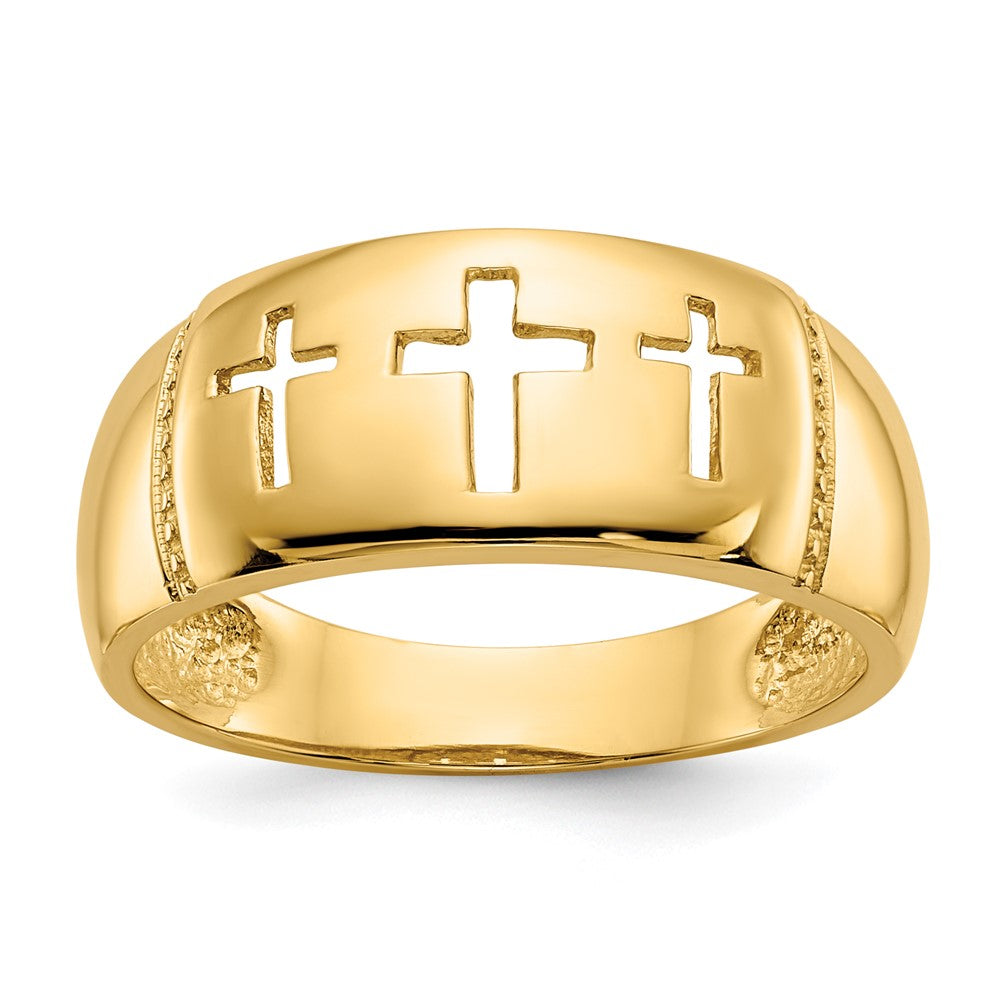 14K Gelbgold polierter Ring mit Rhodium-Ausschnitt und 3 Kreuzen