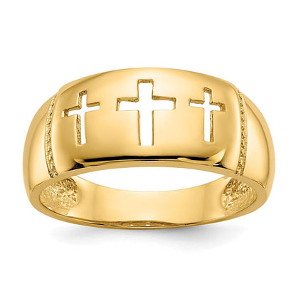 14K Gelbgold polierter Ring mit Rhodium-Ausschnitt und 3 Kreuzen