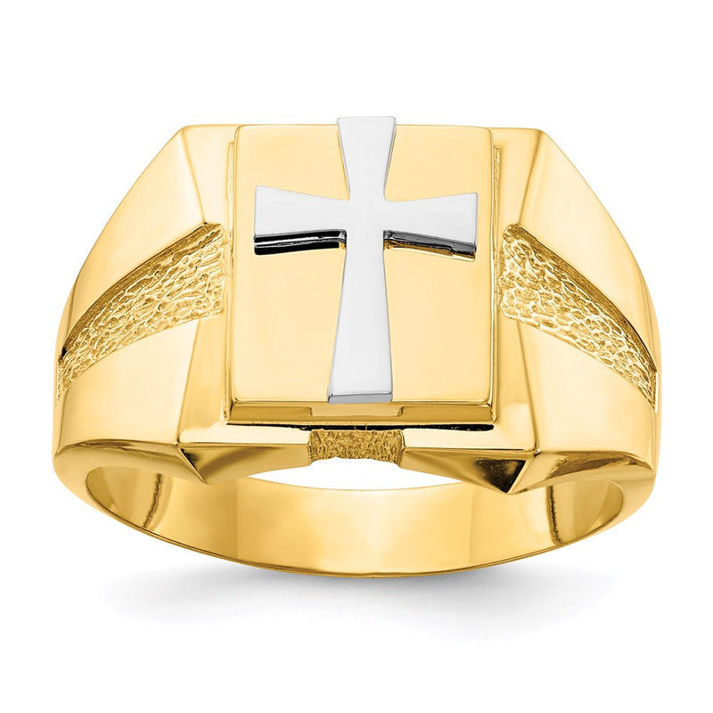 14K Bicolor-Gold Ring mit poliertem Kreuz für Herren