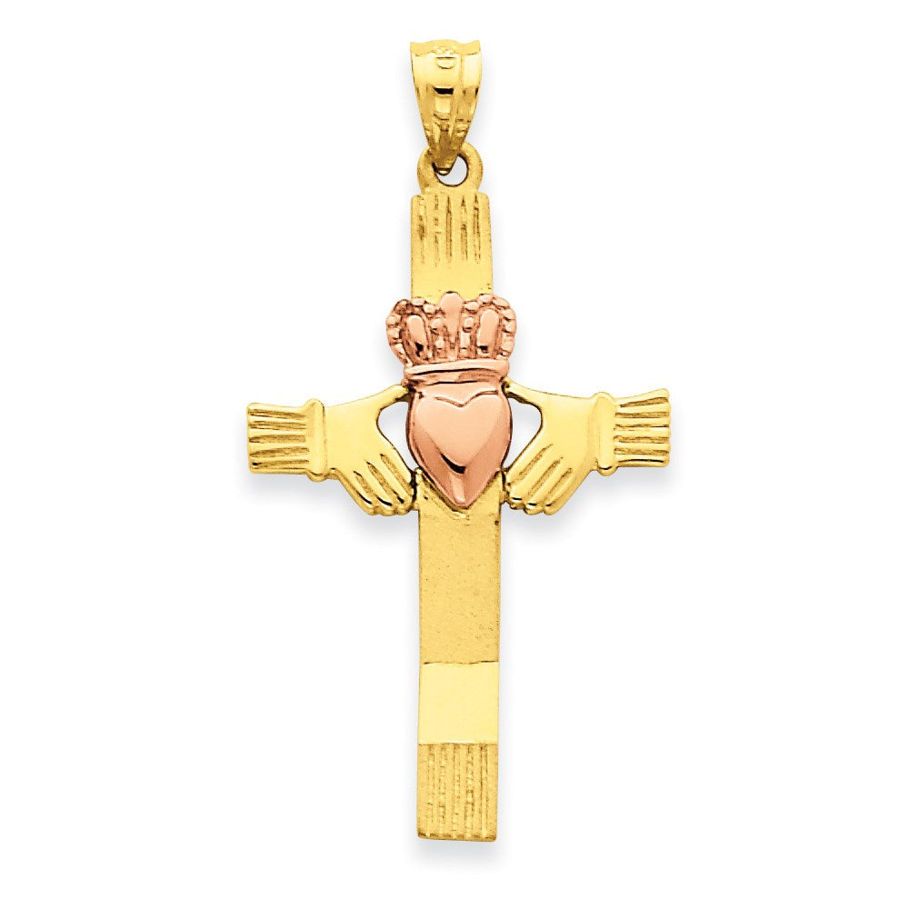14K Roségold Zweifarbiges Gold Claddagh-Kreuz-Anhänger