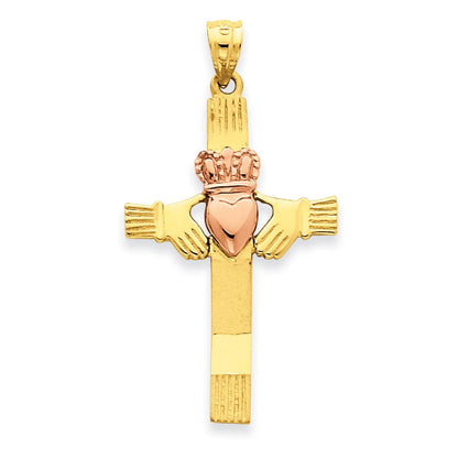 14K Roségold Zweifarbiges Gold Claddagh-Kreuz-Anhänger