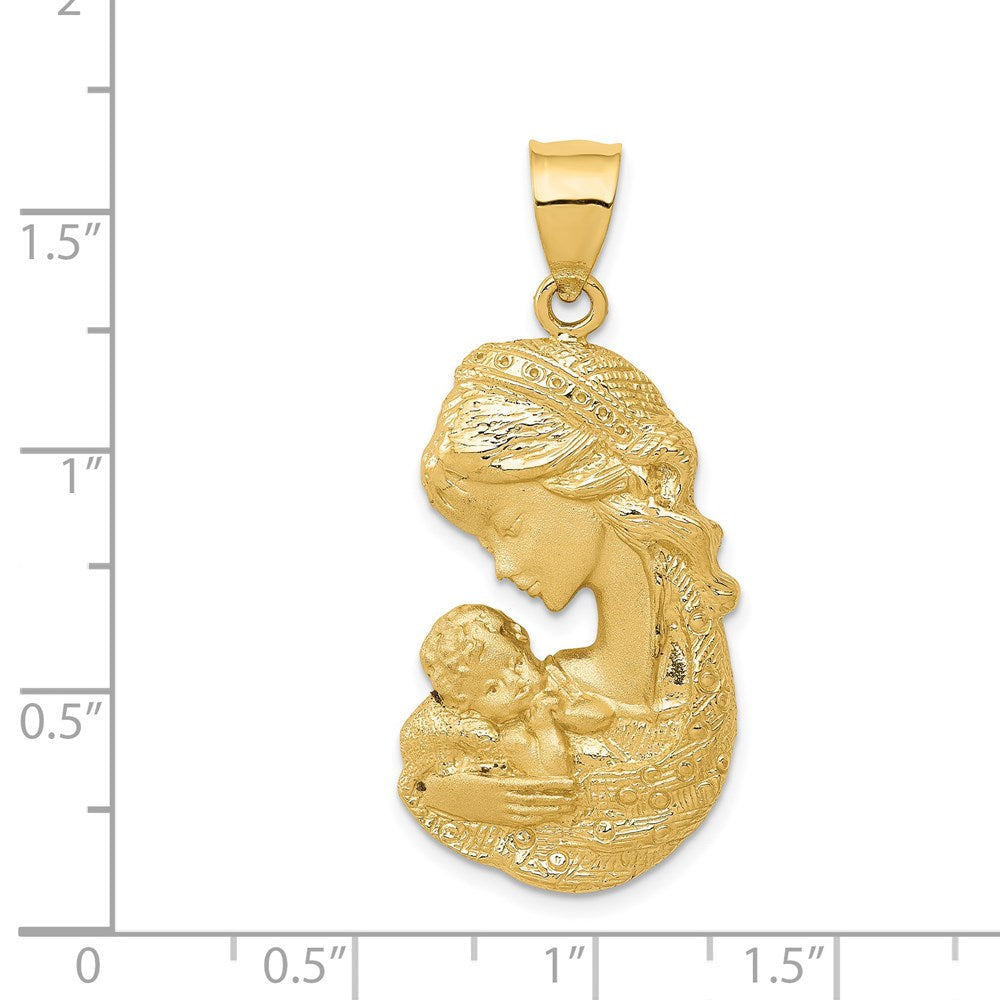 14K Gelbgold massiver satinierter/polierter Charm „Mutter hält Kind“