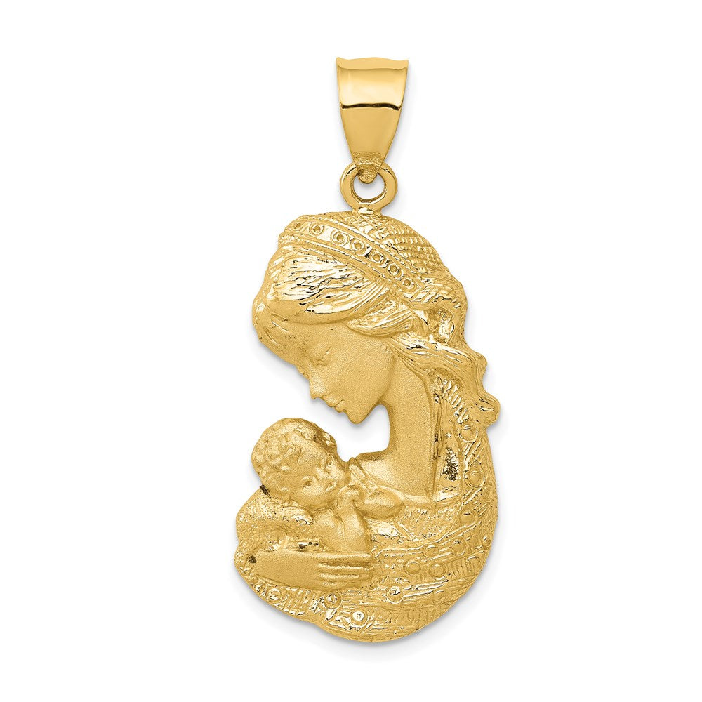 14K Gelbgold massiver satinierter/polierter Charm „Mutter hält Kind“