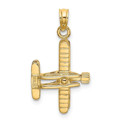 14K Gelbgold Charm Doppeldecker mit gerippten Flügeln, 3D