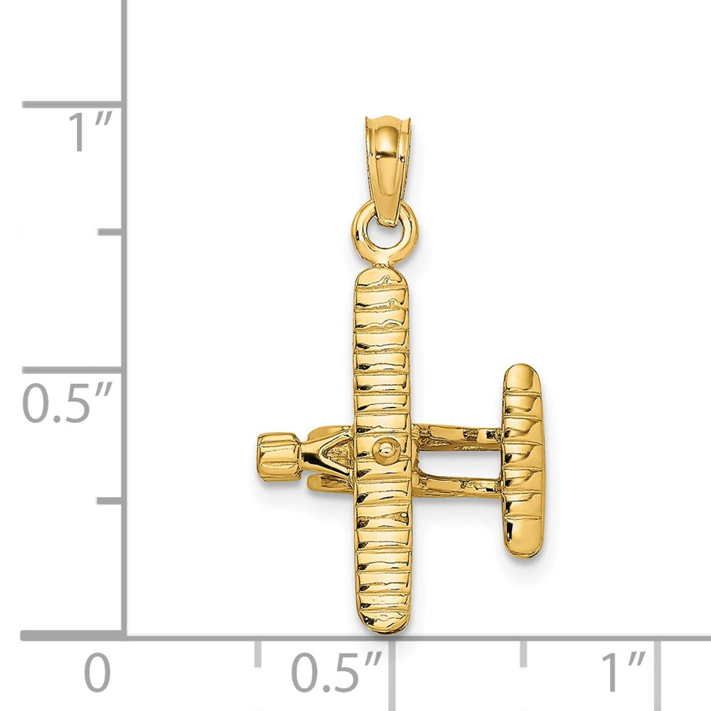 14K Gelbgold Charm Doppeldecker mit gerippten Flügeln, 3D