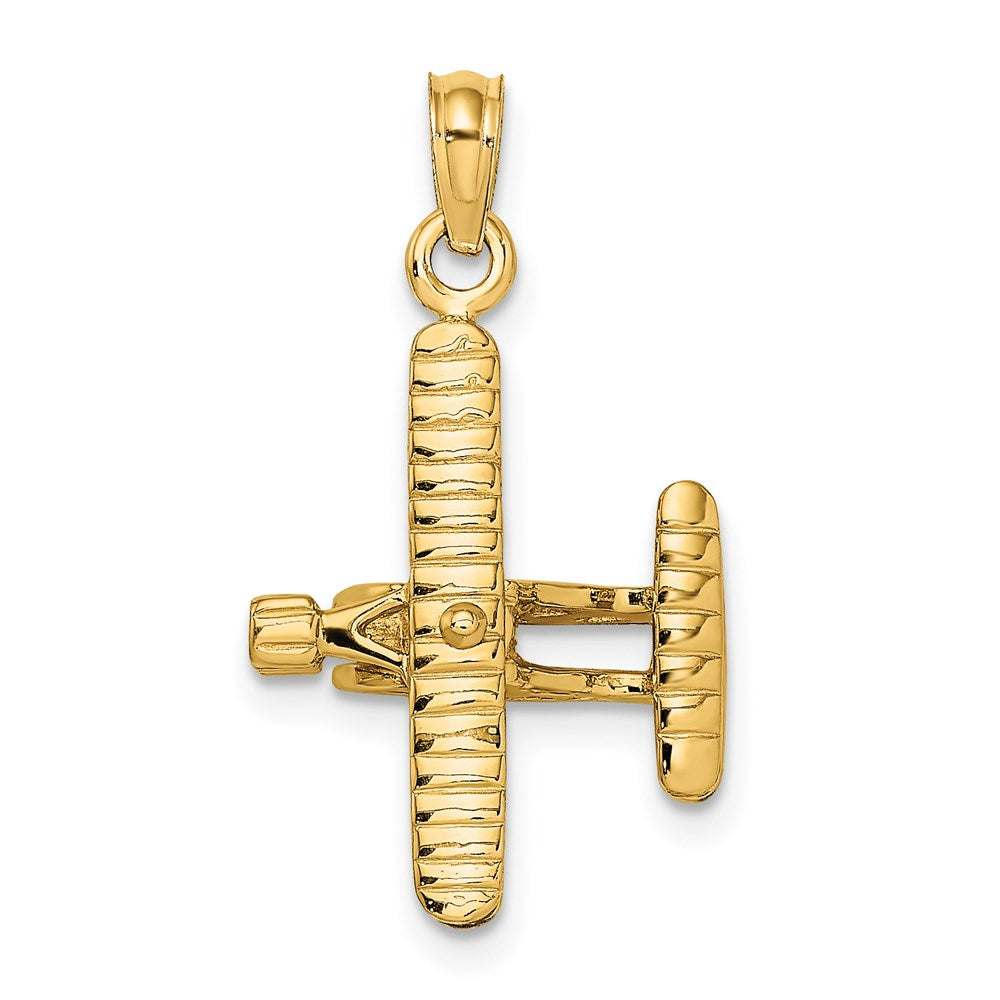 14K Gelbgold Charm Doppeldecker mit gerippten Flügeln, 3D