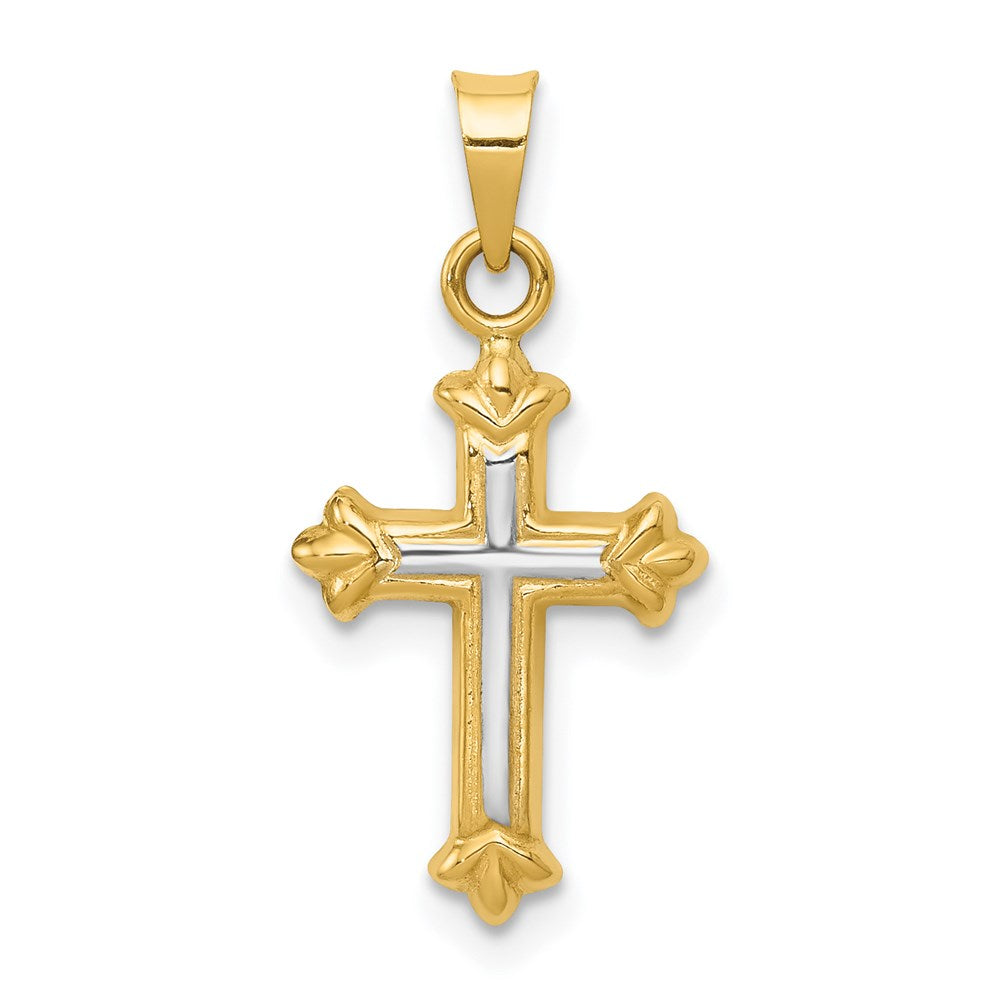 14K Gelb & Rhodium mit Rhodium Hohl Kreuz Charm