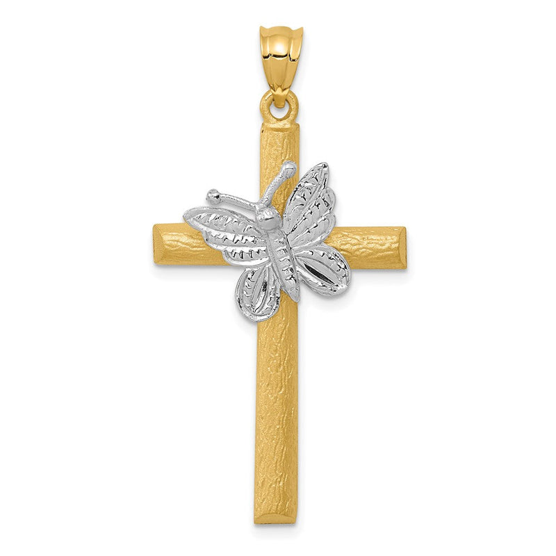 14K Bicolor Gold Kreuz-Anhänger mit Schmetterling