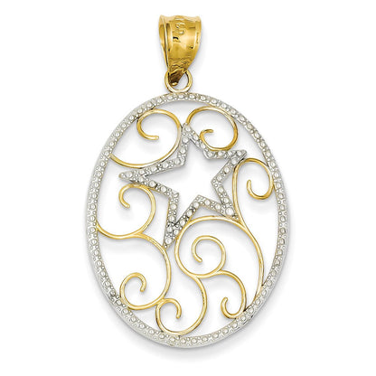 14 Karat Gelb- und Rhodiumgold Ovaler Stern-Anhänger mit Rhodium