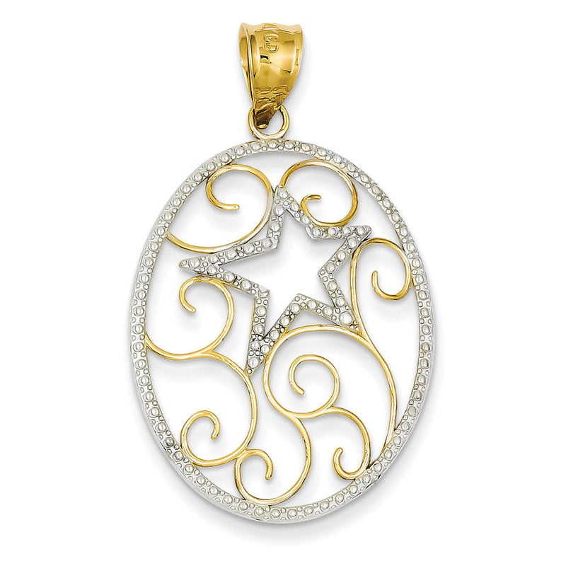 14 Karat Gelb- und Rhodiumgold Ovaler Stern-Anhänger mit Rhodium