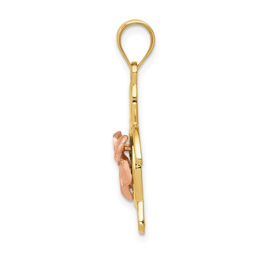 14K Bicolor-Gold Diamantgeschliffener Rosen-Plumeria-Schildkröten-Anhänger